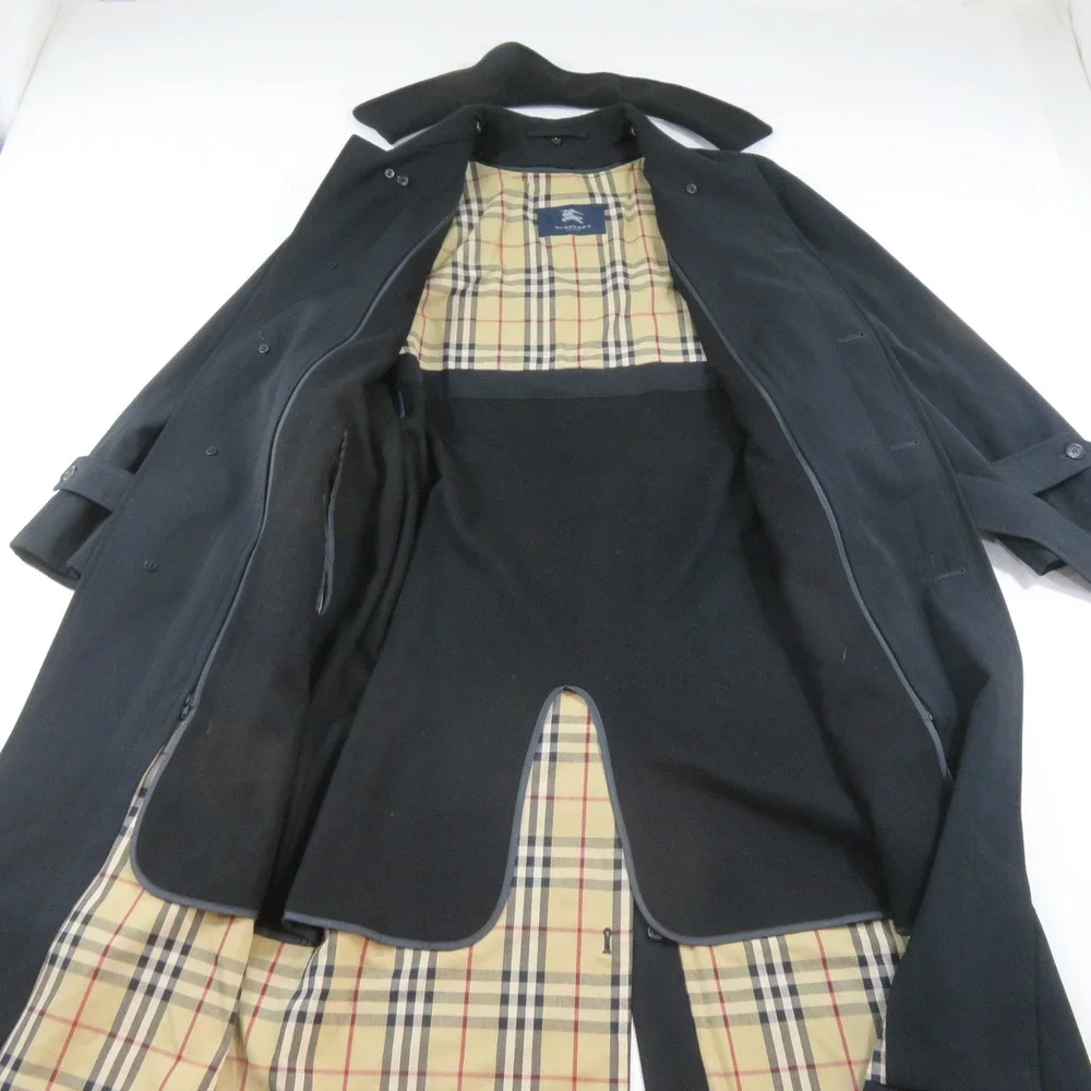 Burberry London Long Trench Coat Jacket Black Nova Check Plaid Lining Mens 44R